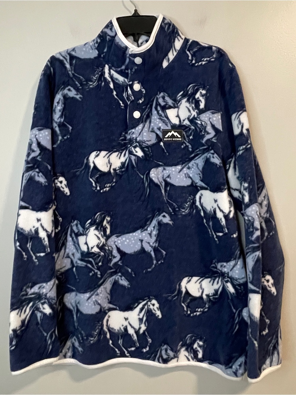 Men's Navy Horse-Print Fleece Pullover with Snap Collar
